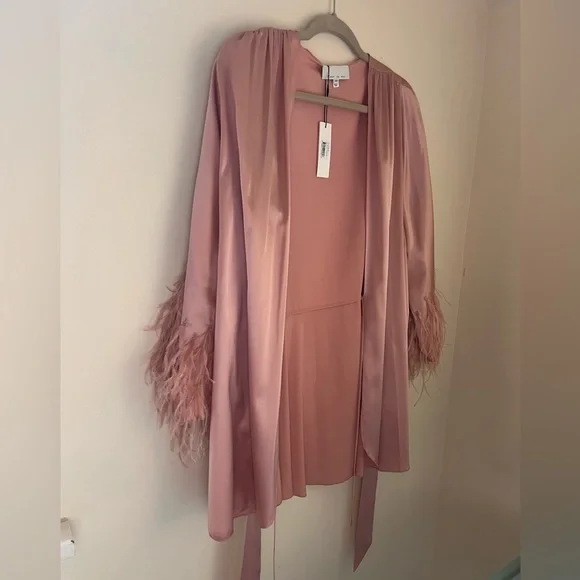 Fleur du Mal FEATHER EMBELLISHED ANGEL SLEEVE ROBE -M/L - Rose Pink NWT